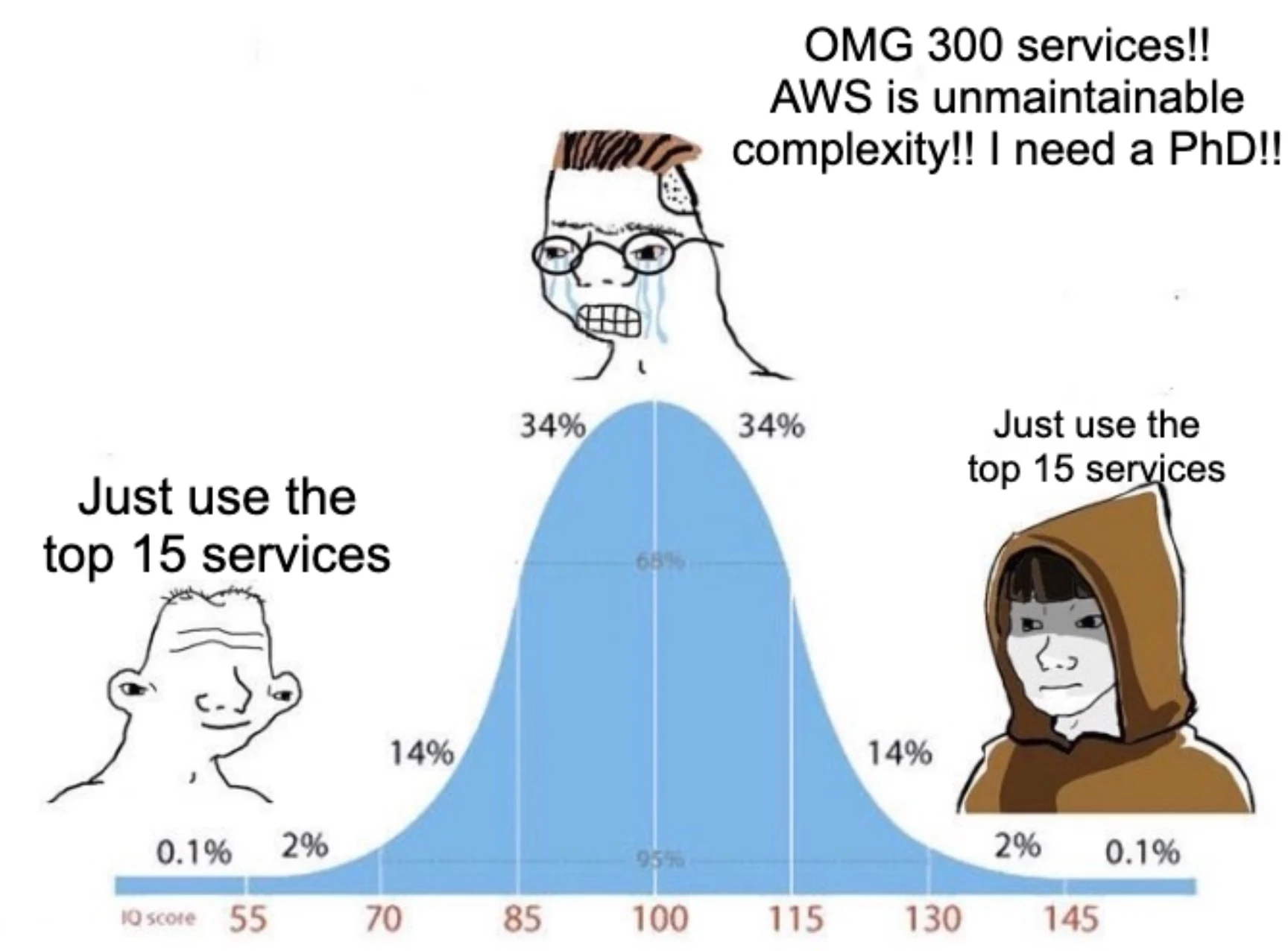 Bell curve meme: low IQ and high IQ both say 'Just use the top 15 services', midwit panics 'OMG 300 services!! AWS is unmaintainable complexity!! I need a PhD!!'