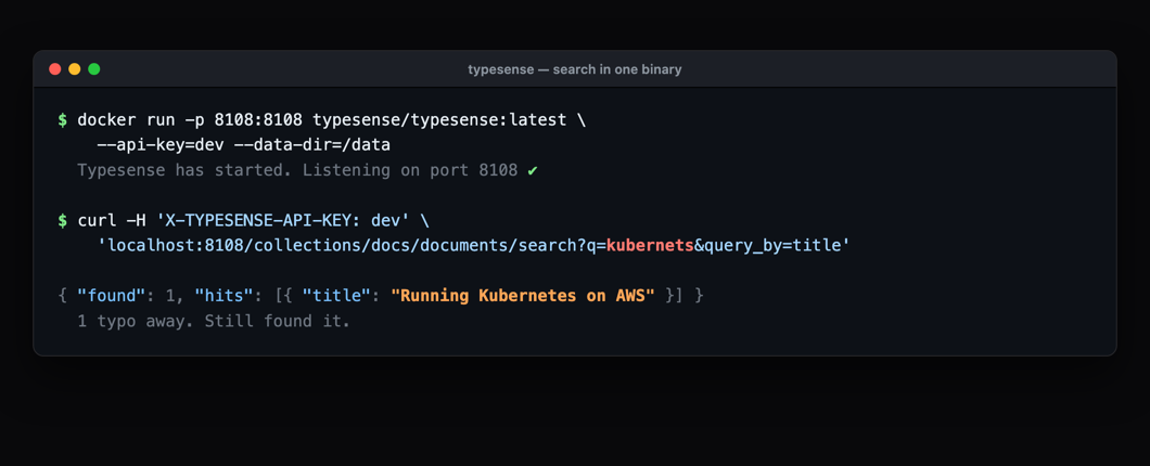Terminal: docker run typesense, then a curl search for the misspelled kubernets returning a Kubernetes result